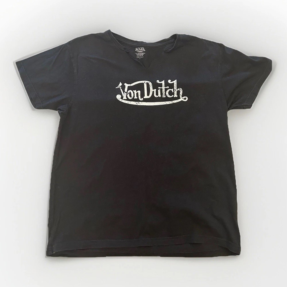 Vintage Von Dutch T-Shirt Y2K Distressed Logo Tee Black Size L (Ripped Collar)