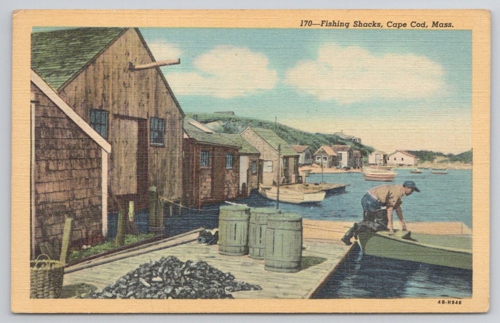 Chatham Cape Cod MA Fishing Shacks Oyster River Linen Postcard 1940s