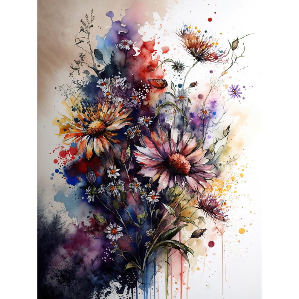 Flower Bouquet over Watercolour Splat Illustration Wall Art Poster Print Giant