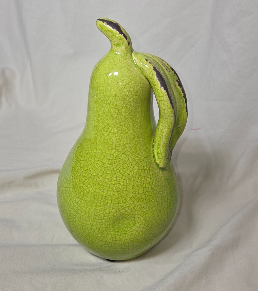 Green Ceramic Pear Figurine Crackle Glaze Leaf Handle Fruit Decor Modern Accent
