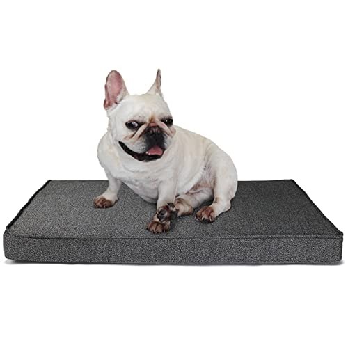 Chew-proof indestructible dog bed for small breeds, 28x20x3 inches, durable hemp fabric in gray