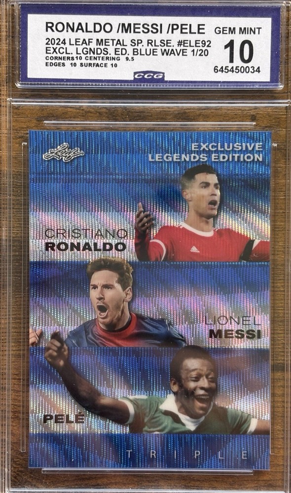 2024 Leaf Metal Legends • Lionel Messi Cristiano Ronaldo Pele Blue WAVE # /20