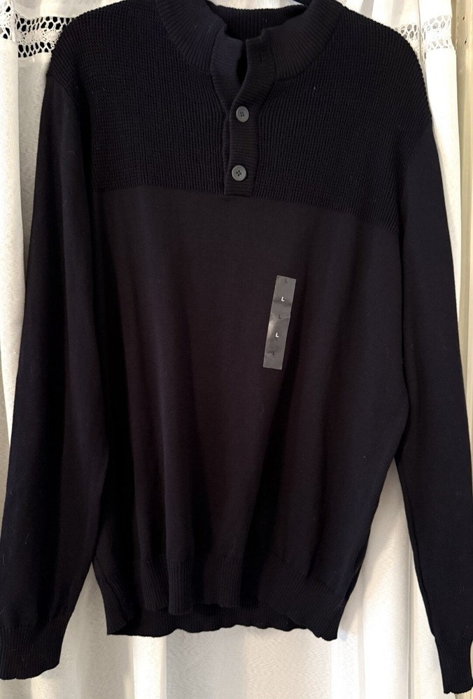 NWT Club Room Men's Black Size Large 2-Button Mock-Neck Long Sleeve Sweater-KK