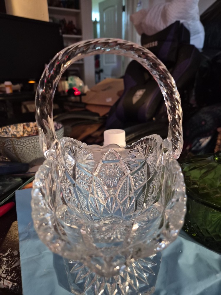 Antique American Brillant Period  Cut Glass Pedestal Basket with Sawtooth Rim