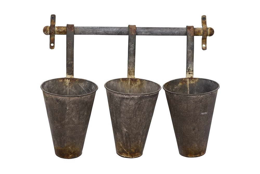Antiqued Metal Wall Rack with 3 Hanging Tin Pots - Creative Co-Op