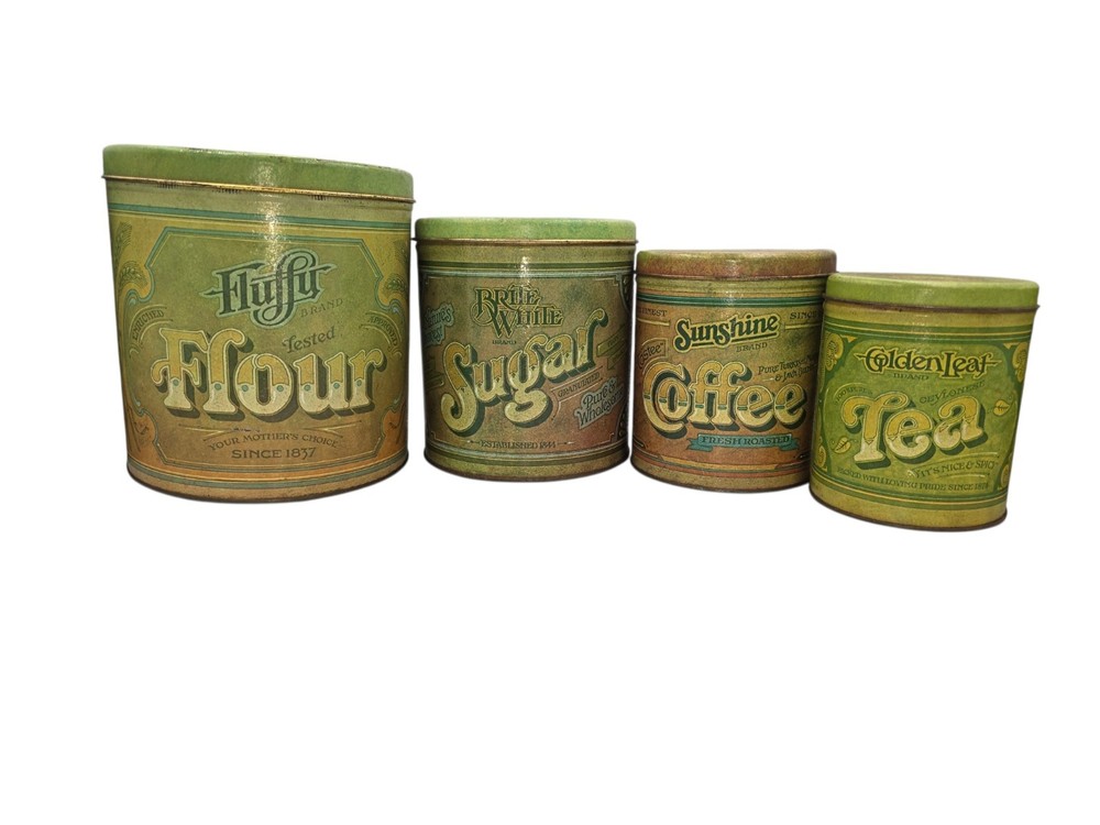 Vtg 4-Pc Ballonoff Nesting Canister Set Green Tin Flour Sugar Coffee Tea 1970's