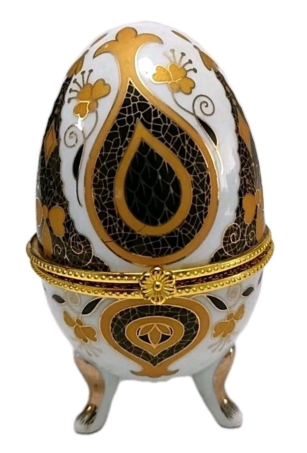 Unbranded Three Legged Egg Shaped Porcelain Trinket Box Gold and Black On White