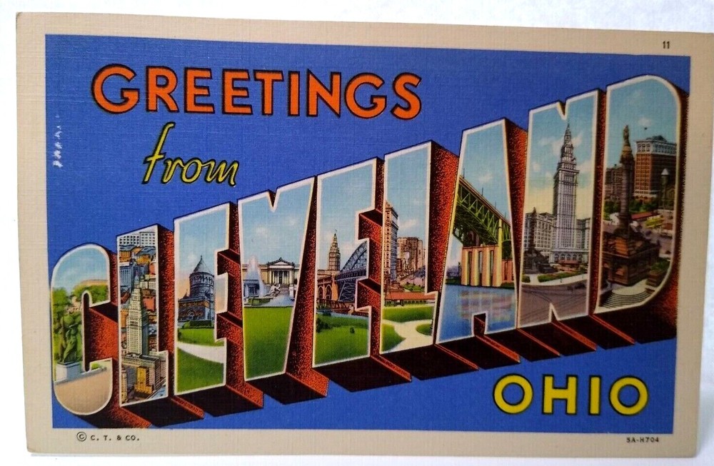 Greetings From Cleveland Ohio Large Big Letter Postcard Linen Unused C.T. & Co.