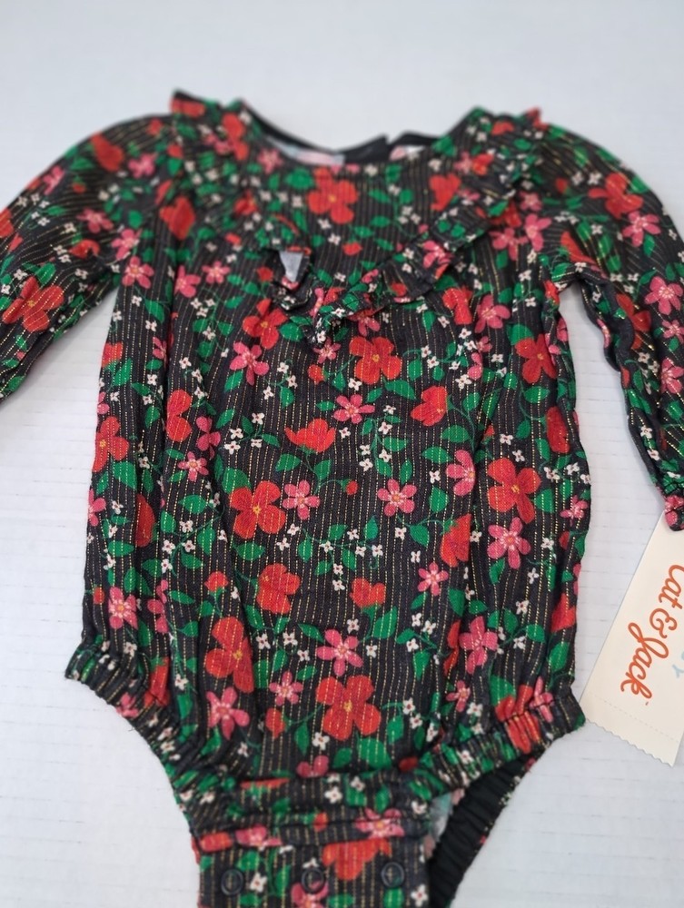 Cat & Jack Baby Girls Floral Long Sleeve Bodysuit 0–3M Black Sparkle Ruffle NWT