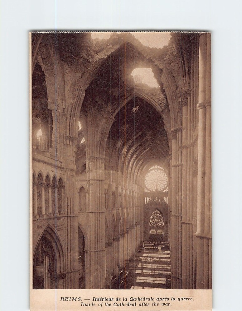 Postcard Inside of the Cathedral after the war Reims France