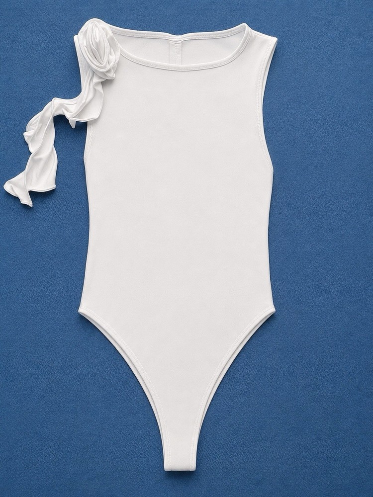 EKALIY Women’s White One Shoulder Ruched Bodysuit Size L Sleeveless Stretch NWT