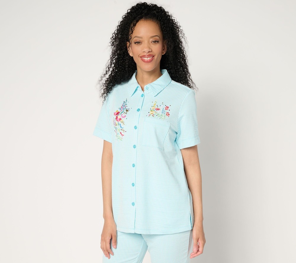 Fashion Women's Top Plus Sz 2X Spring Day Knit Seersucker Button Blue A688423