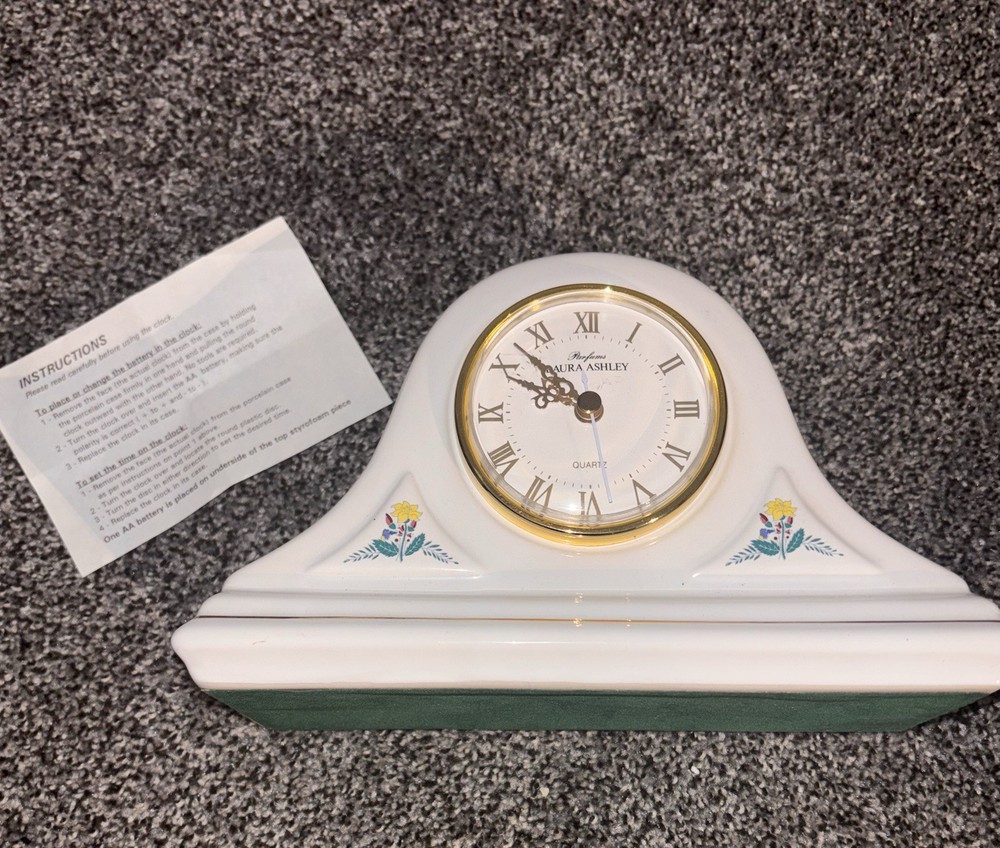 Laura Ashley Parfums Porcelain Floral Shelf Mantle Quartz Clock Works Great!