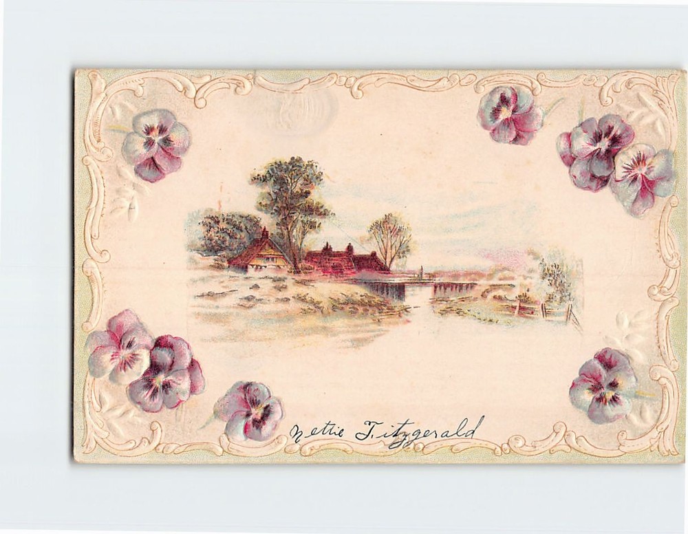Postcard Embossed Floral and Rural Scenery Art Print Greeting Card