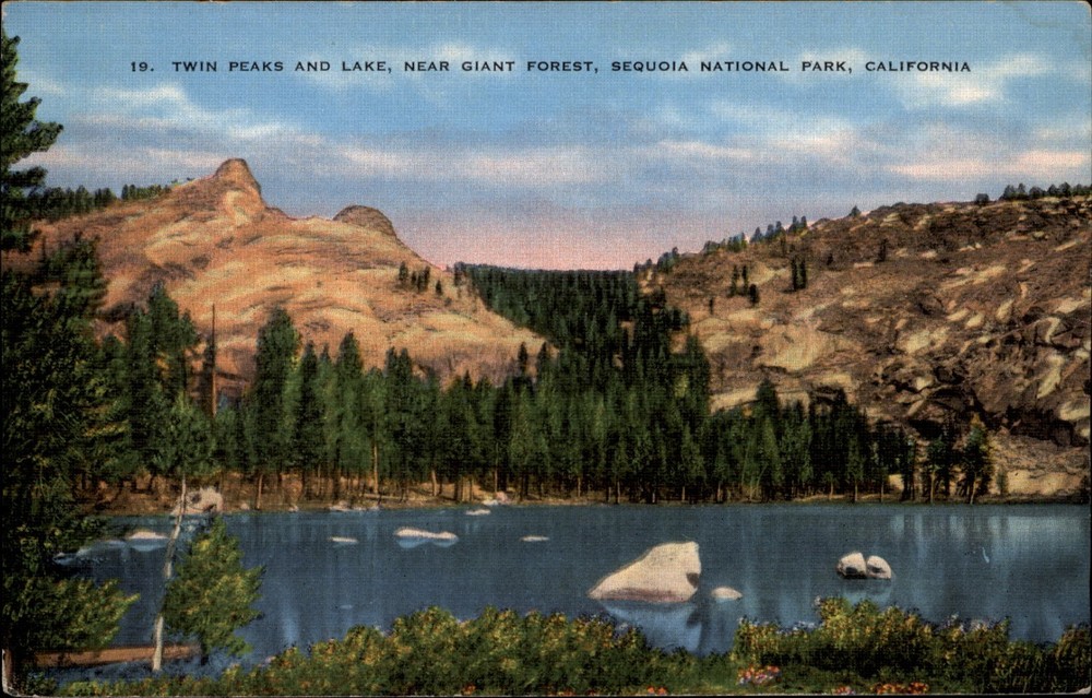 Twin Peaks and Lake Near Giant Forest Sequoia Natl Park California postcard s449