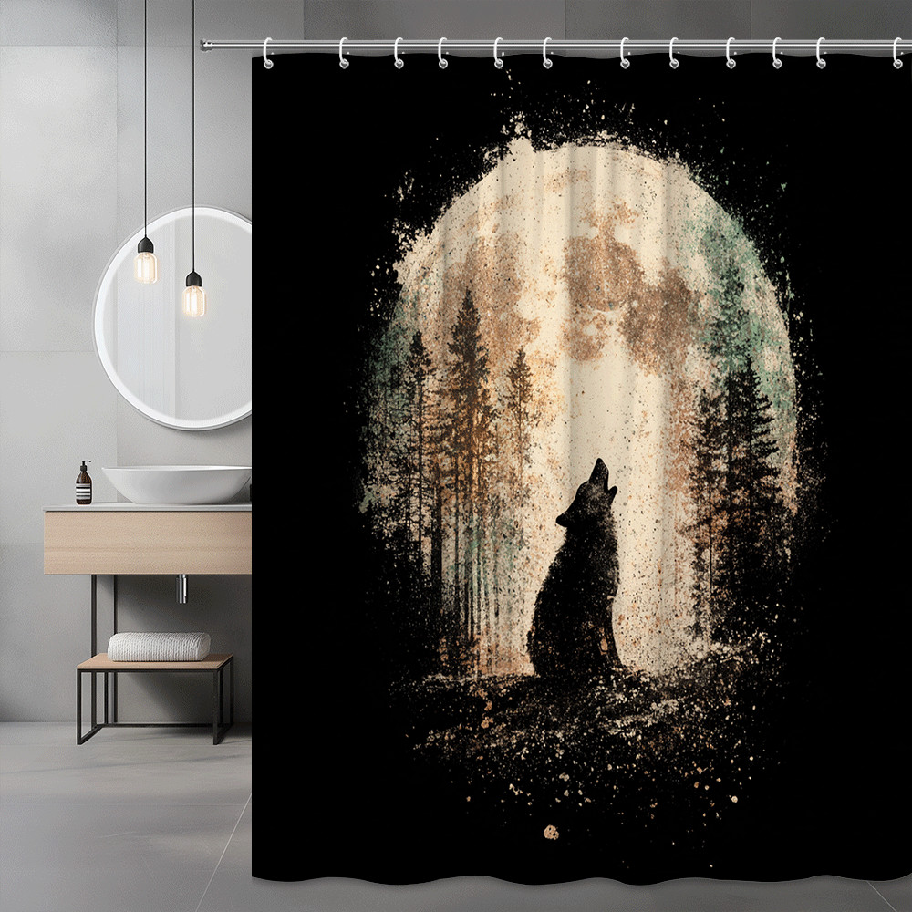 Wolf Moon Forest Shower Curtain Black Nature Graphic