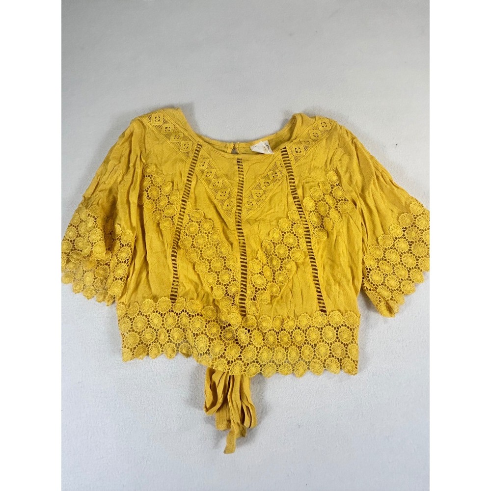 Self Esteem Girls XL Mustard Yellow Crochet Lace Tie Front Boho Crop Top Blouse