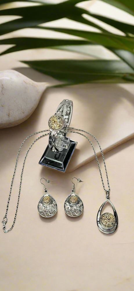 Jungle Jewel Silver Bracelet, Earrings & Necklace Snap Button Jewelry Set