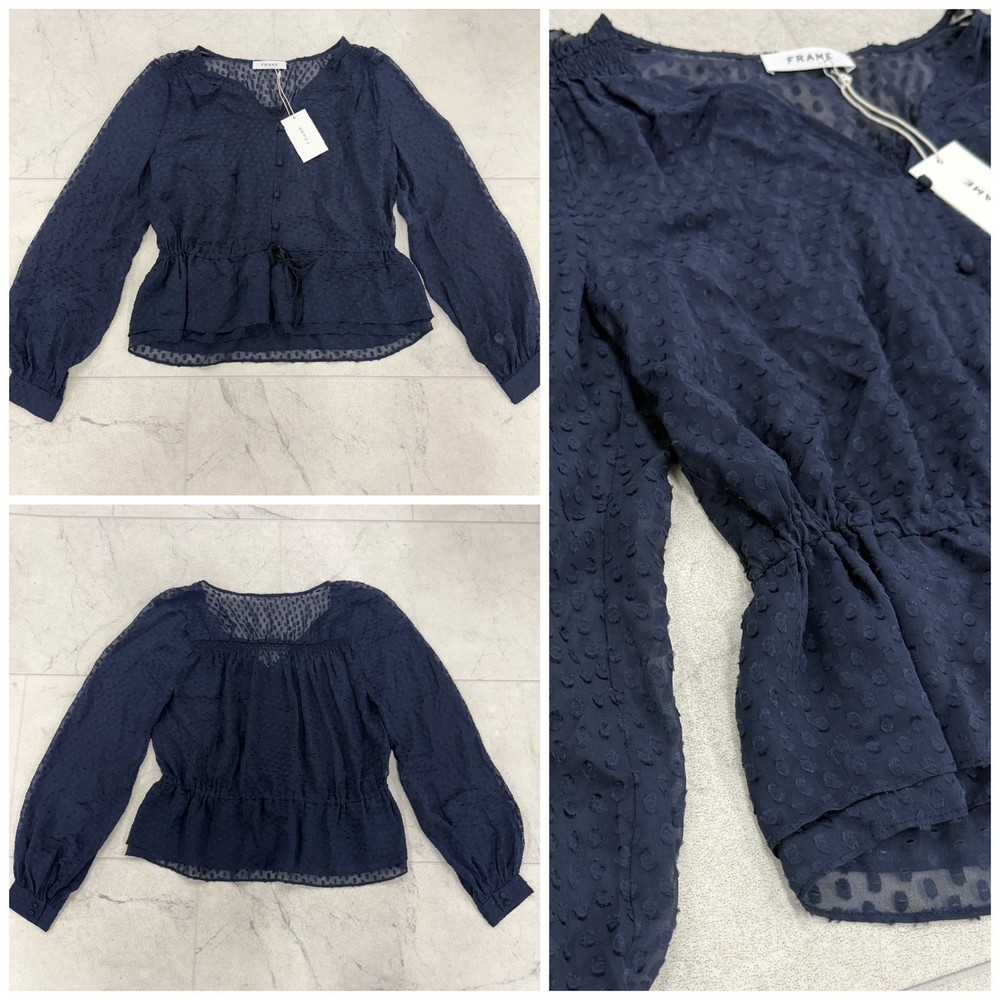 NWT Frame Women's Silk Polkadot Semi-Sheer Long Sleeve Navy Blouse Size: Small