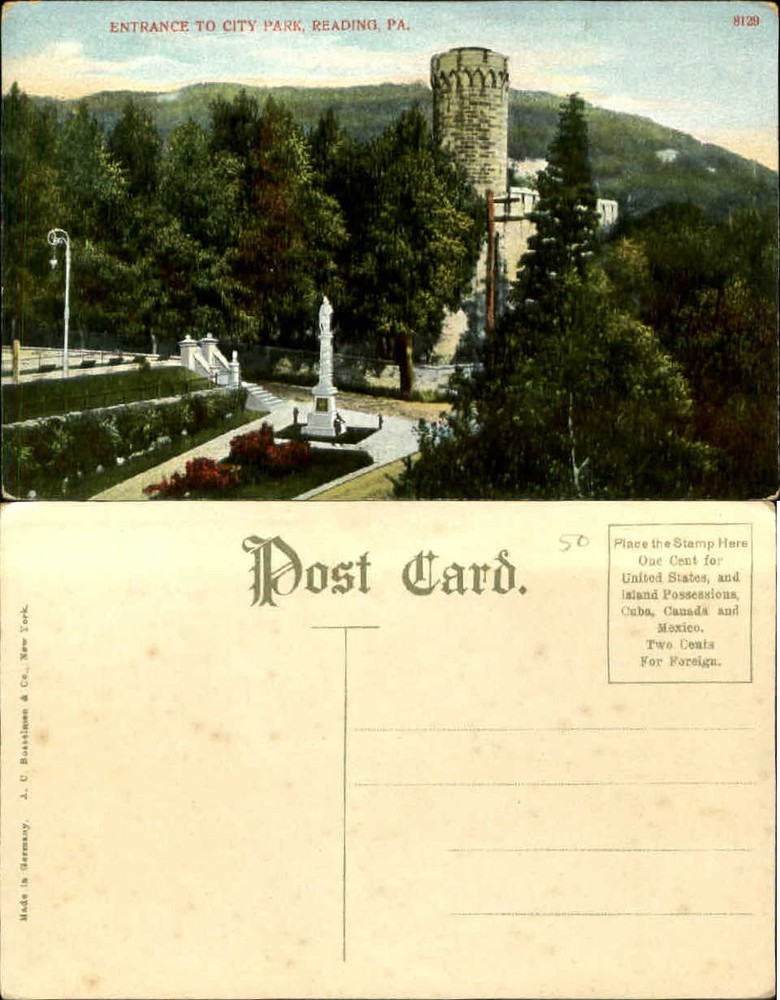 Entrance to City Park Reading PA unused vintage postcard ca 1910