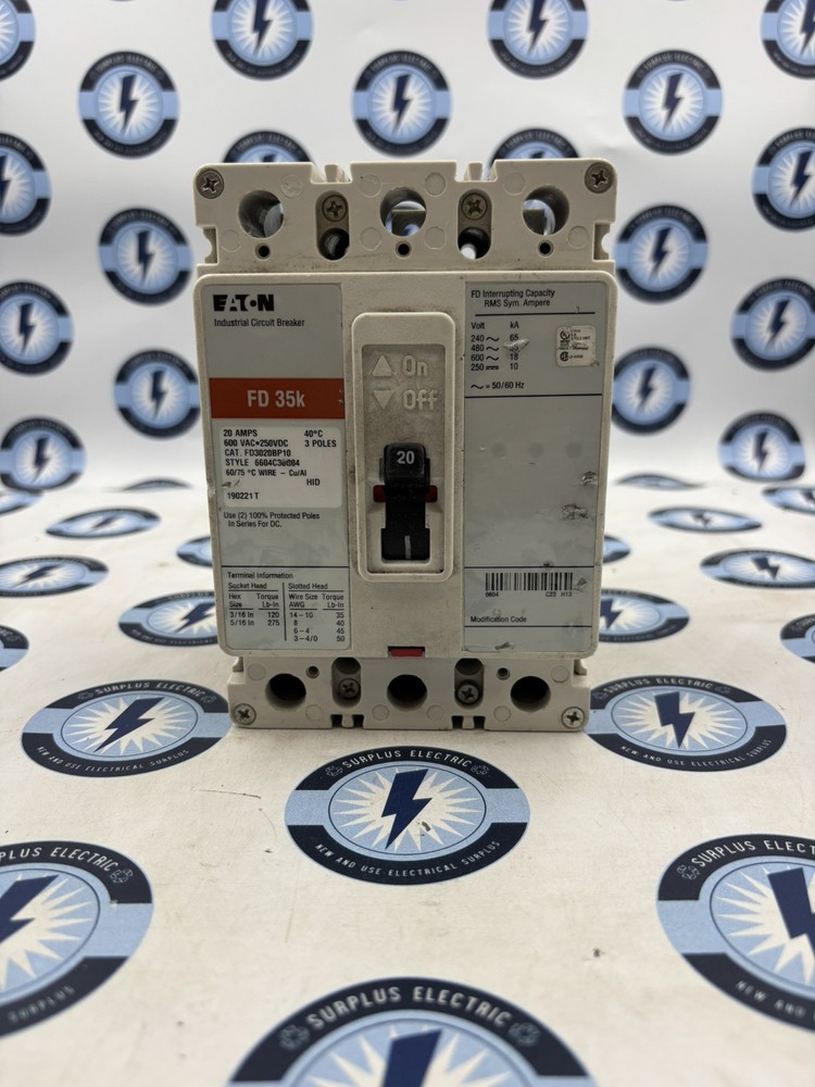 Eaton FD3020BP10 Bolt-On Circuit Breaker 20A 600V 3P  FD 35K 20 Amp 3 Pole