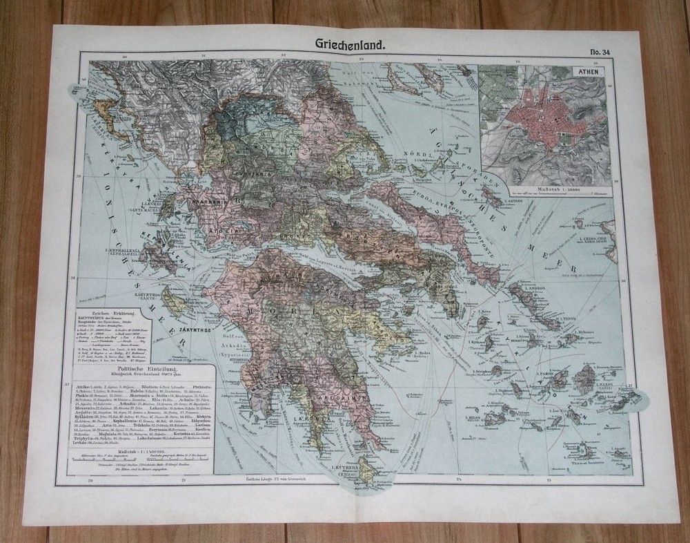 1905 Original Antique Map Of Greece Aegean Sea / Athens Inset Map / Turkey