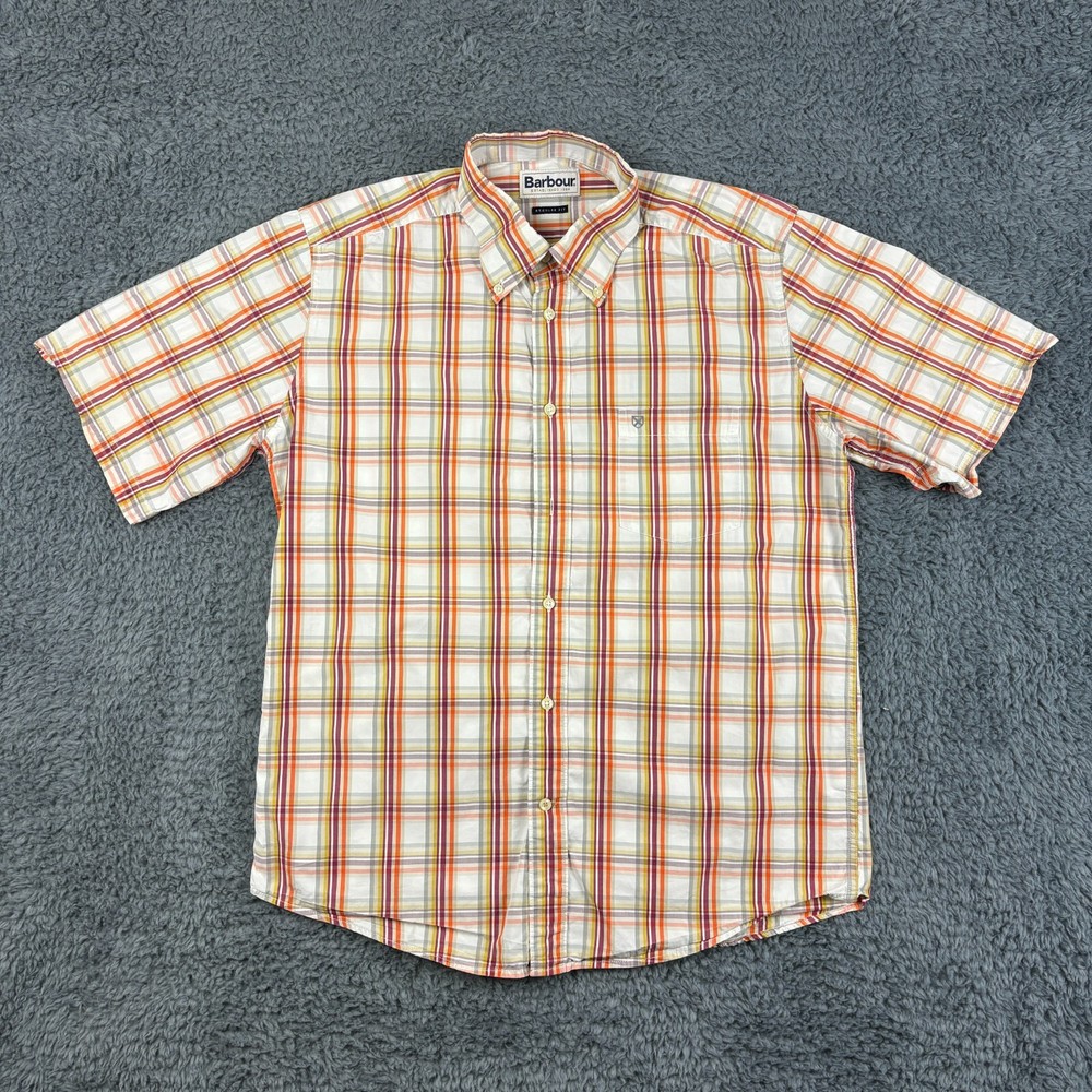 Barbour Shirt Mens Medium Orange Check Plaid Country Shoot Hunting Outdoor Farm