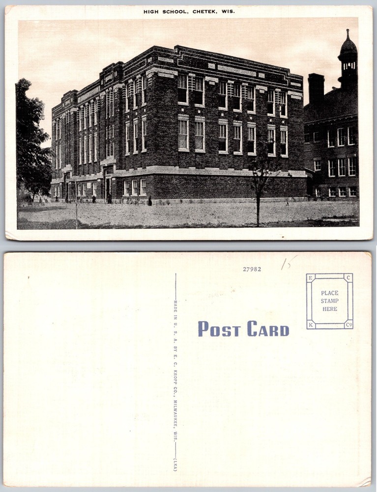 High School Building Chetek Wisconsin Postcard