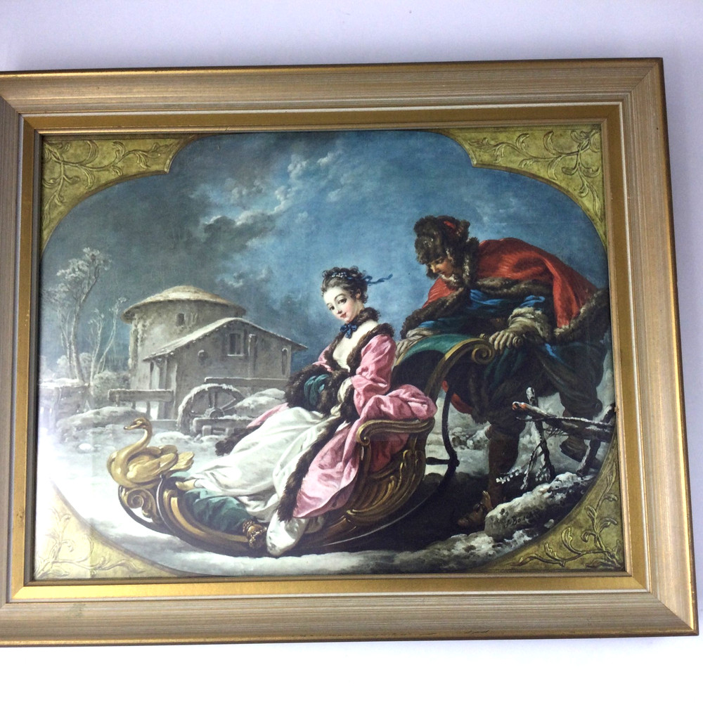 Wall Hanging Vintage Wood Frame Print Courting Couple Winter Scene 16