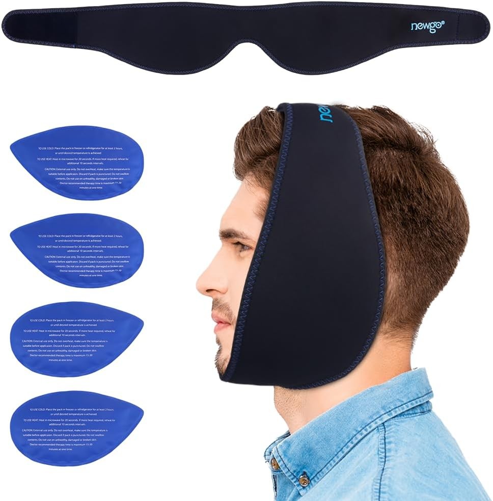 NEWGO Wisdom Teeth Ice Pack Head Wrap Jaw Face Oral Surgery TMJ with 4 Gel Packs