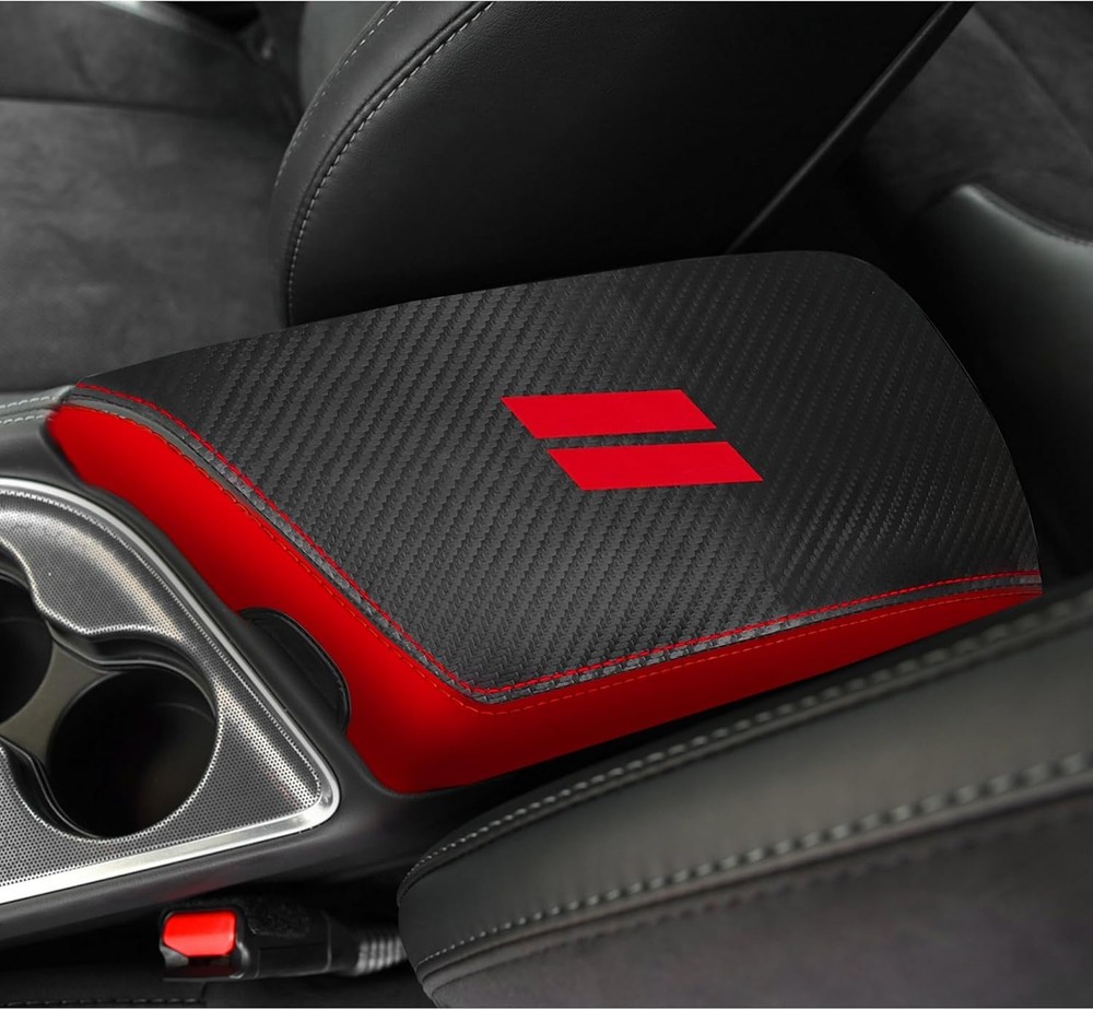 2015-2024 Dodge Challenger Coupe Center Console Armrest Cover, Red & Black NEW