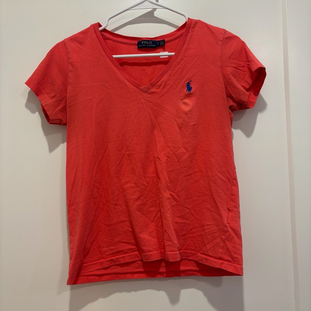 Polo Ralph Lauren Womens V-Neck T-Shirt Coral Pink Blue Pony Logo Size S