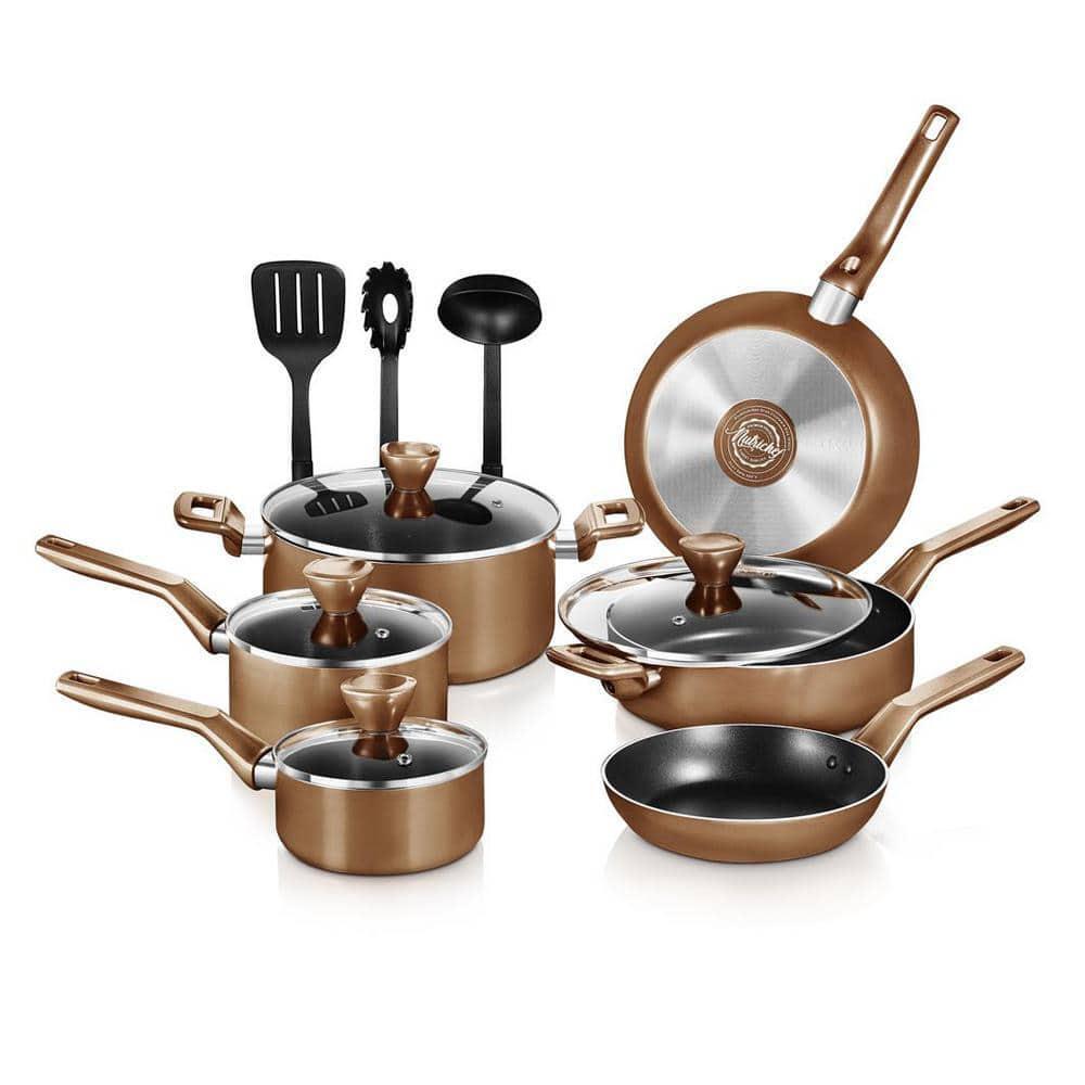 NutriChef Pot + Pan Set 13-Pcs Durable Aluminum Non-Stick Cookware Brown Finish
