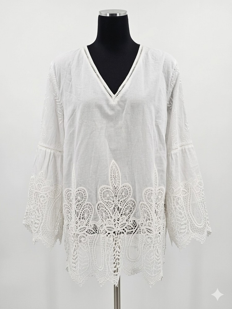 White Lace Bohemian V-Neck Tunic Blouse 3/4 Flared Sleeve Lightweight Cotton