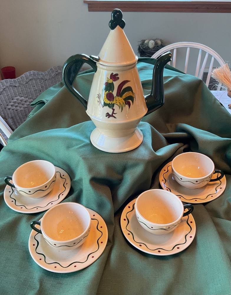Vintage Metlox Poppytrail California Provincial Green Rooster Coffee Set