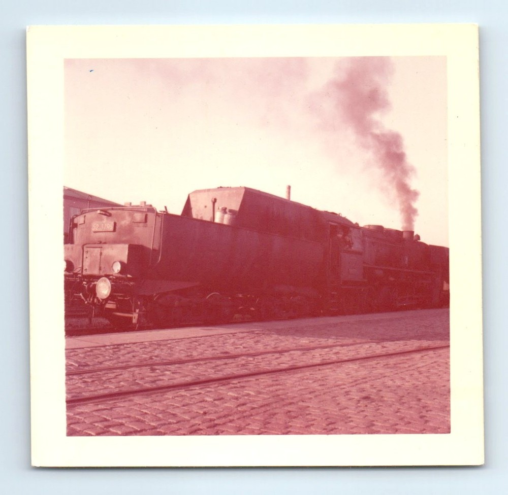 Old Vintage Square Color Photo RAILROAD TRAIN TRACKS ENGINE LOCOMOTIVE SMOKE