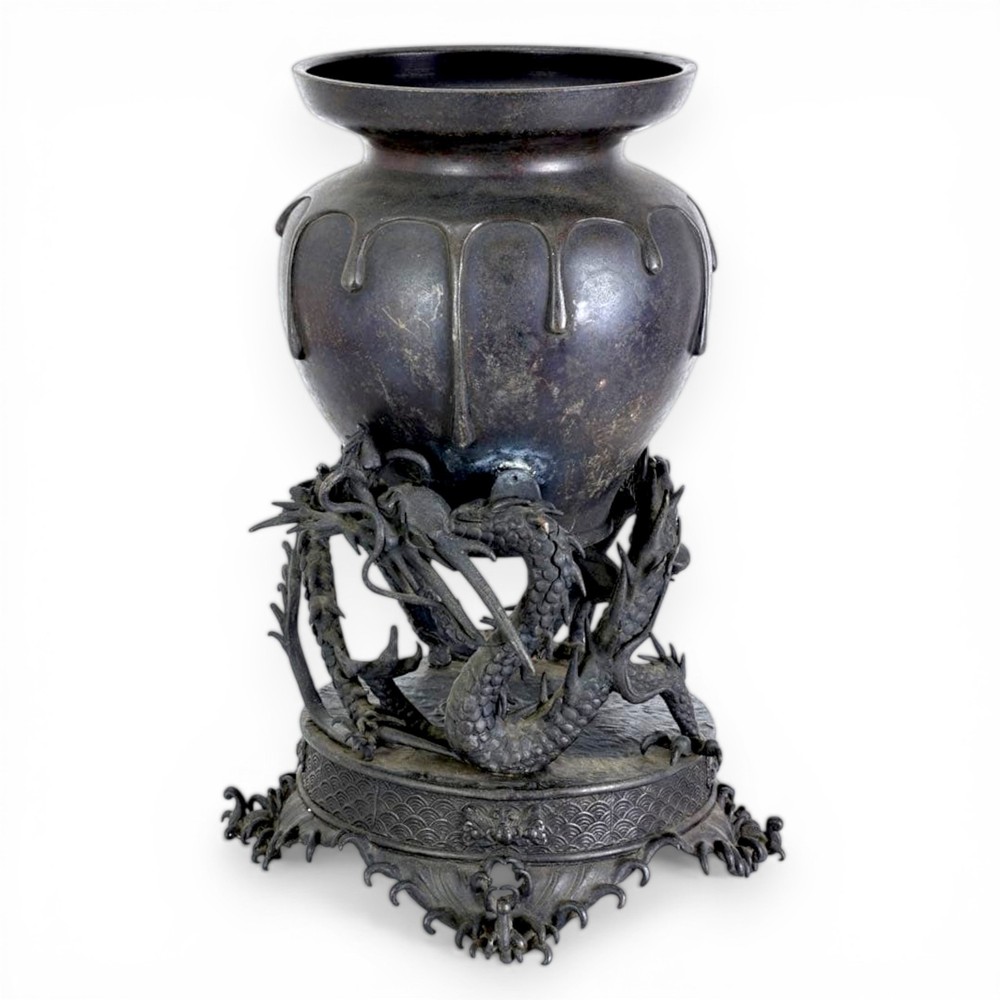 Japanese Bronze Vase Dragon Relief Antique Jar Vessel Metalwork Sculpture 15 in