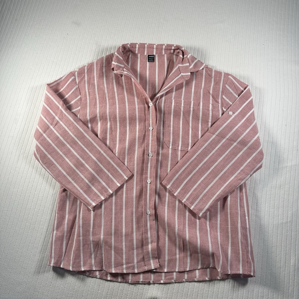 Women’s SHEIN Small Pink White Striped Button Up Blouse Long Sleeve Casual Top￼