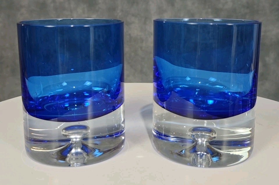 2 Cobalt Blue Bubble Base Glasses Block Stockholm Crystal Rock Old Fashioned