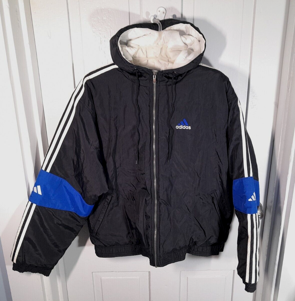 Vintage 90s Adidas Hooded Windbreaker Jacket with Three Stripes Size Large