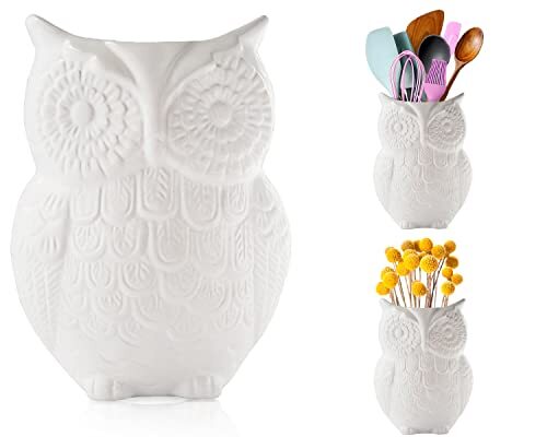 Owl Utensil Holder Decorative Ceramic Cookware Crock & Organizer, in White