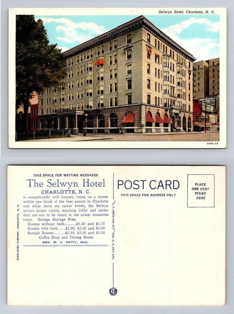 Charlotte, NC-North Carolina, The Selwyn Hotel Downtown Corner Vintage Postcard