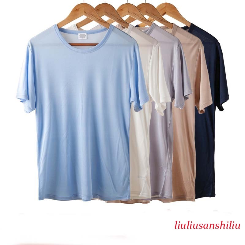 Men's 100% Silk Knitted T-Shirt Summer Short Sleeve Comfort Tee Top Casual Shirt