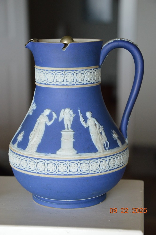 Antique WEDGWOOD Blue White Milk JUG c.1860 Jasperware 7