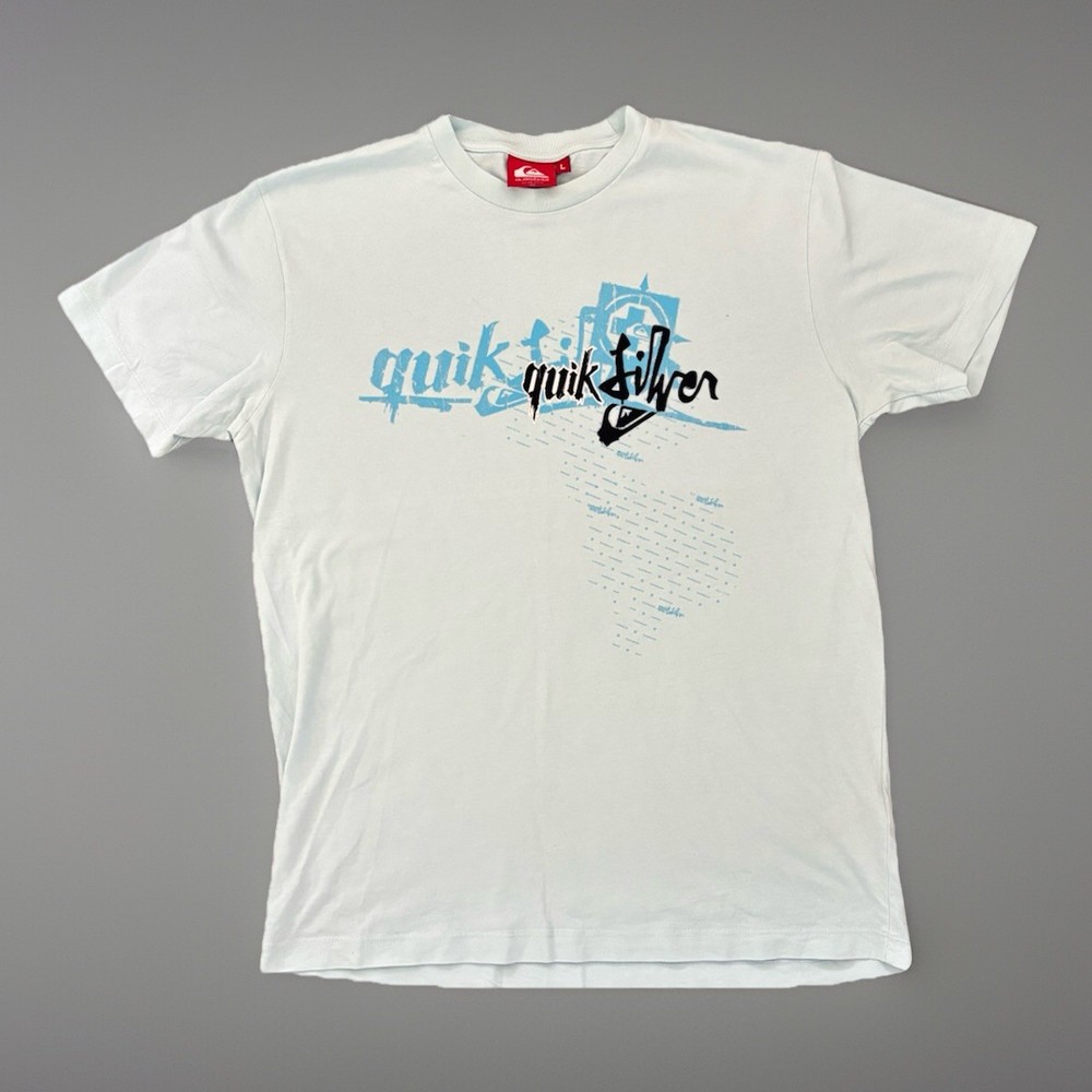 Quiksilver Men’s Large Light Blue Y2K Graphic T-Shirt Navy Surf Skate Boxy Fit