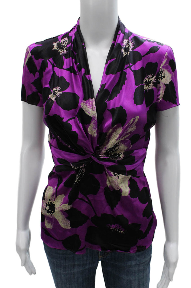Etro Womens Purple Silk V-Neck Blouse Zip Short Sleeve Floral Size 44Free Shipping in US $100+ Orders | $6.95 Orders Below