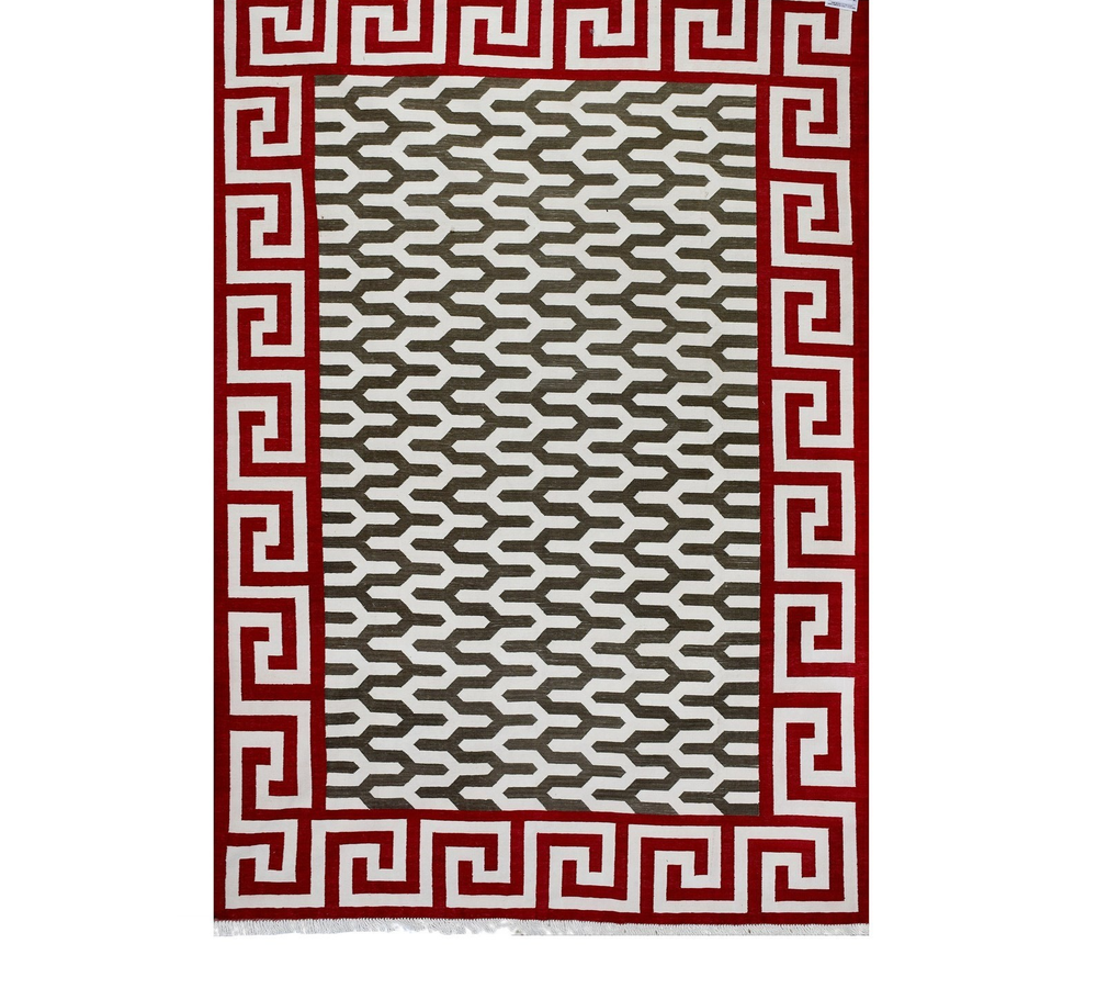 Hand Knotted Cotton Dhurrie Rug Color Red and Gray Handmade Design Carpet Rug