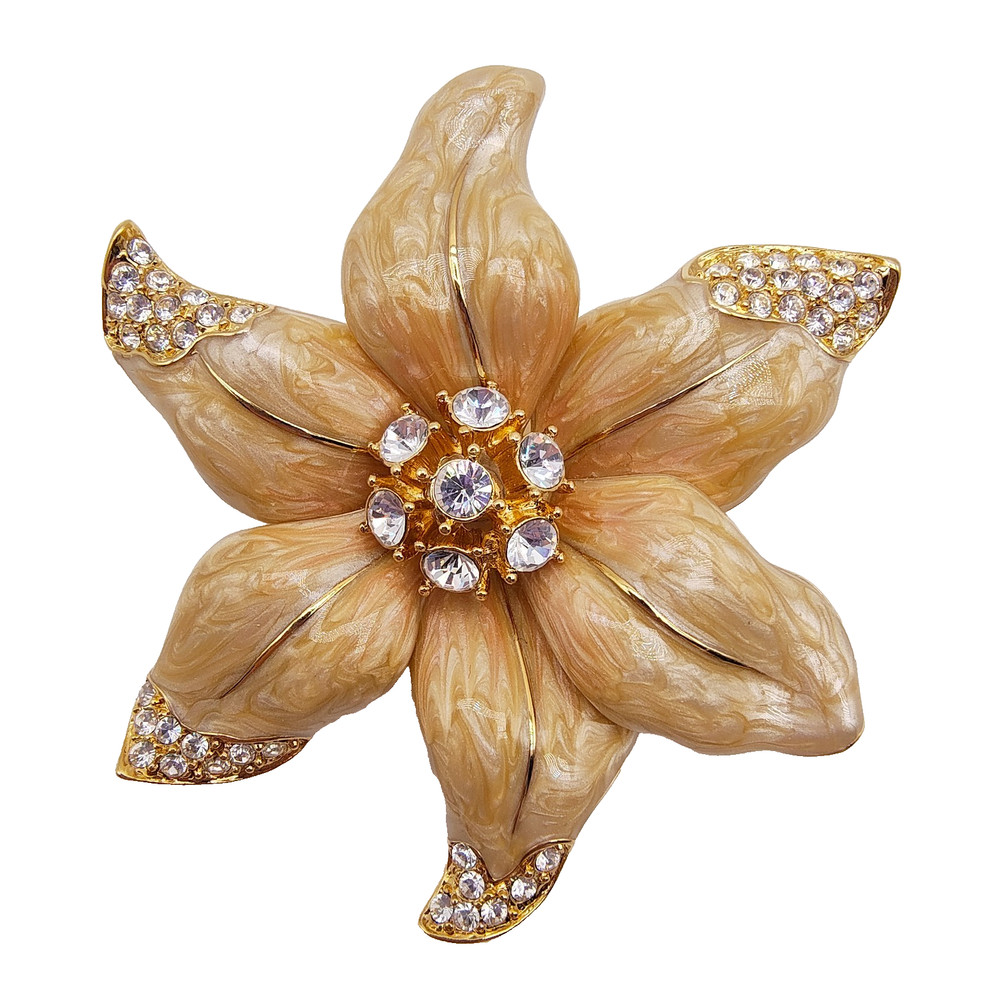 Vintage Nolan Miller Flower Brooch Gold Tone Marbled Enamel Rhinestone Signed