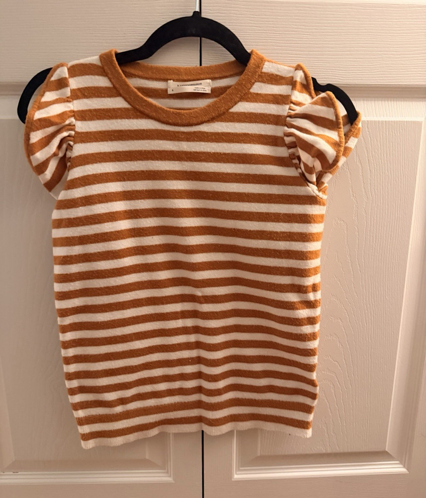 Anthropologie Women's Brown White Striped Knit Crew Neck Puff Sleeve Sweater S