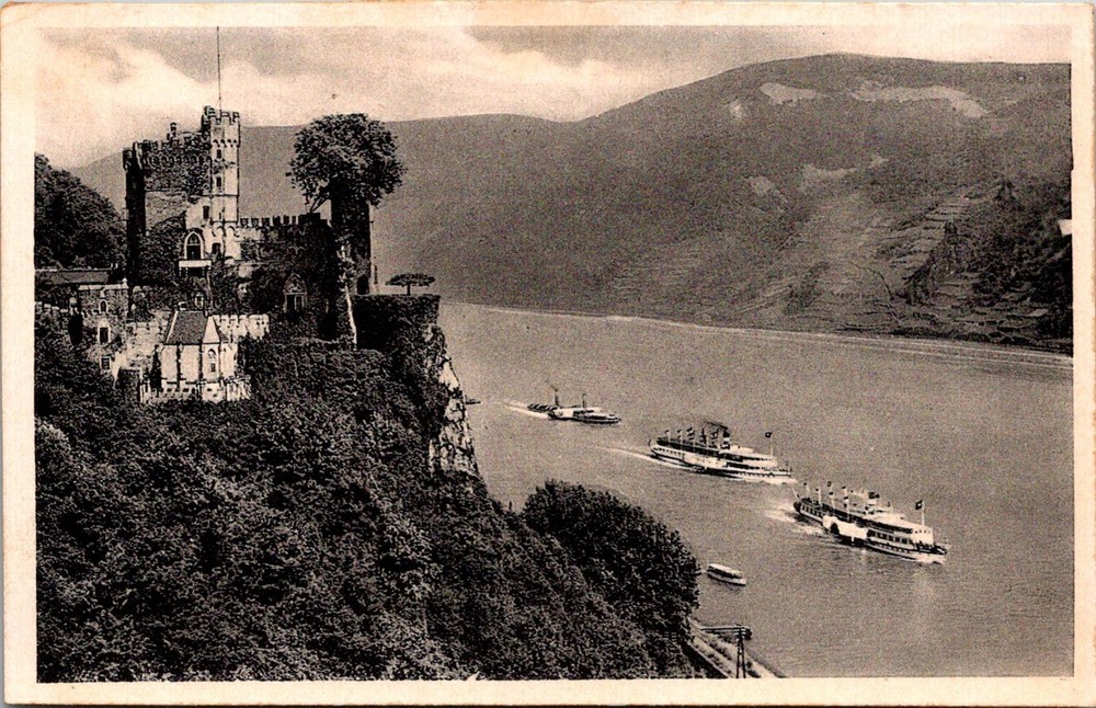 Burg Rheinstein Vintage Postcard with Riverboats on Rhine River